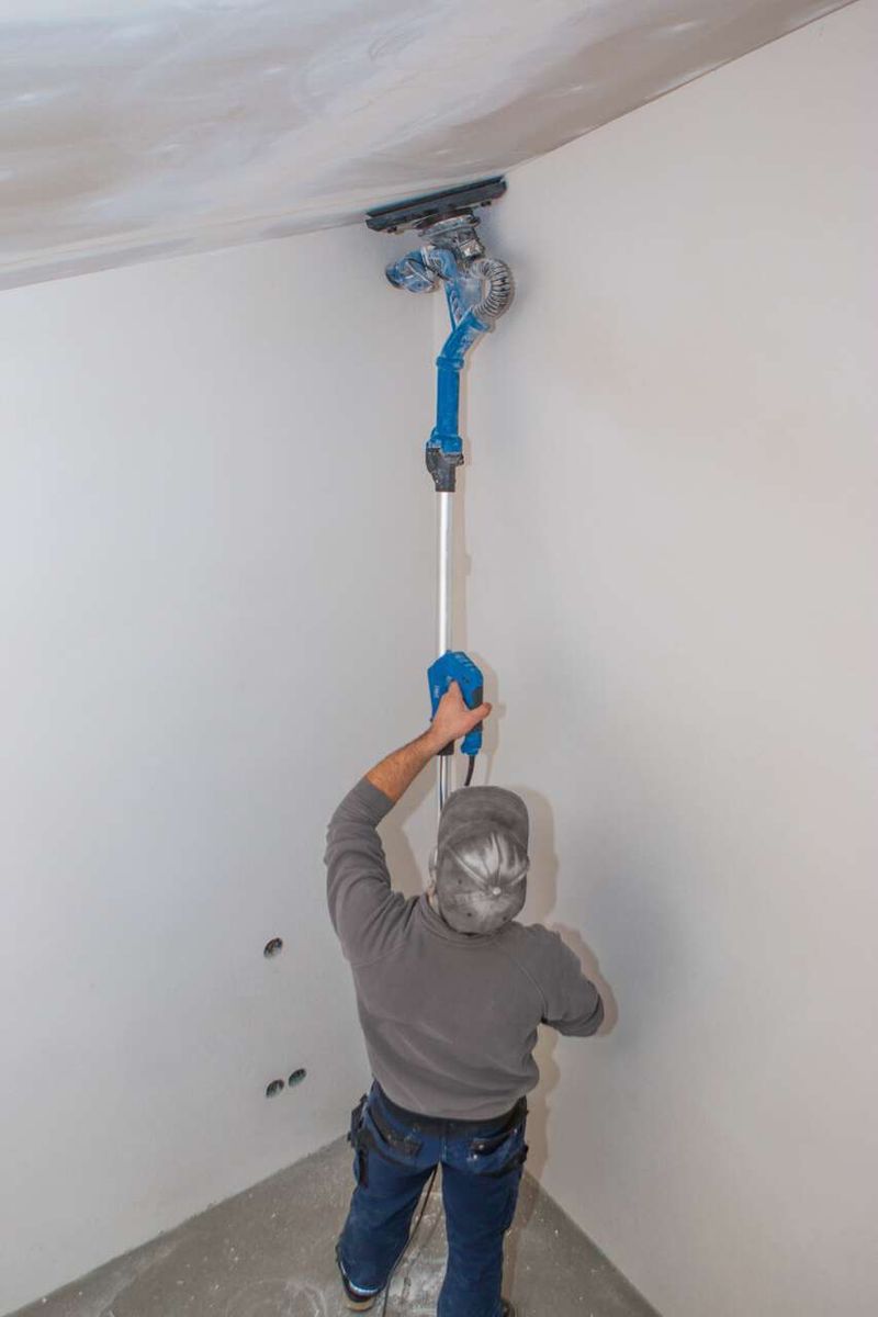 Ein Arbeiter verwendet den Wand- und Deckenschleifer DS930 von Scheppach an einer Wand. Der Schleifkopf ist in Aktion und entfernt Material von der Oberfläche. Der Arbeiter trägt Schutzausrüstung, einschließlich einer Maske und Handschuhen.