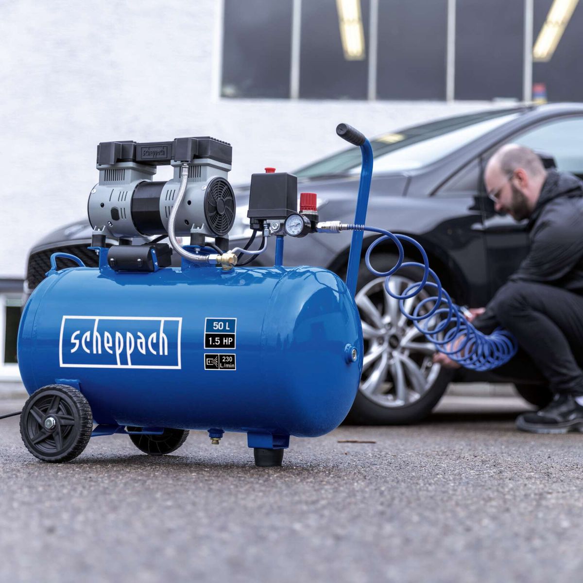 Scheppach-Kompressor HC52Si mit 50-Liter-Kessel, 1.5 PS, 230 Liter/Minute, ölfrei und leise