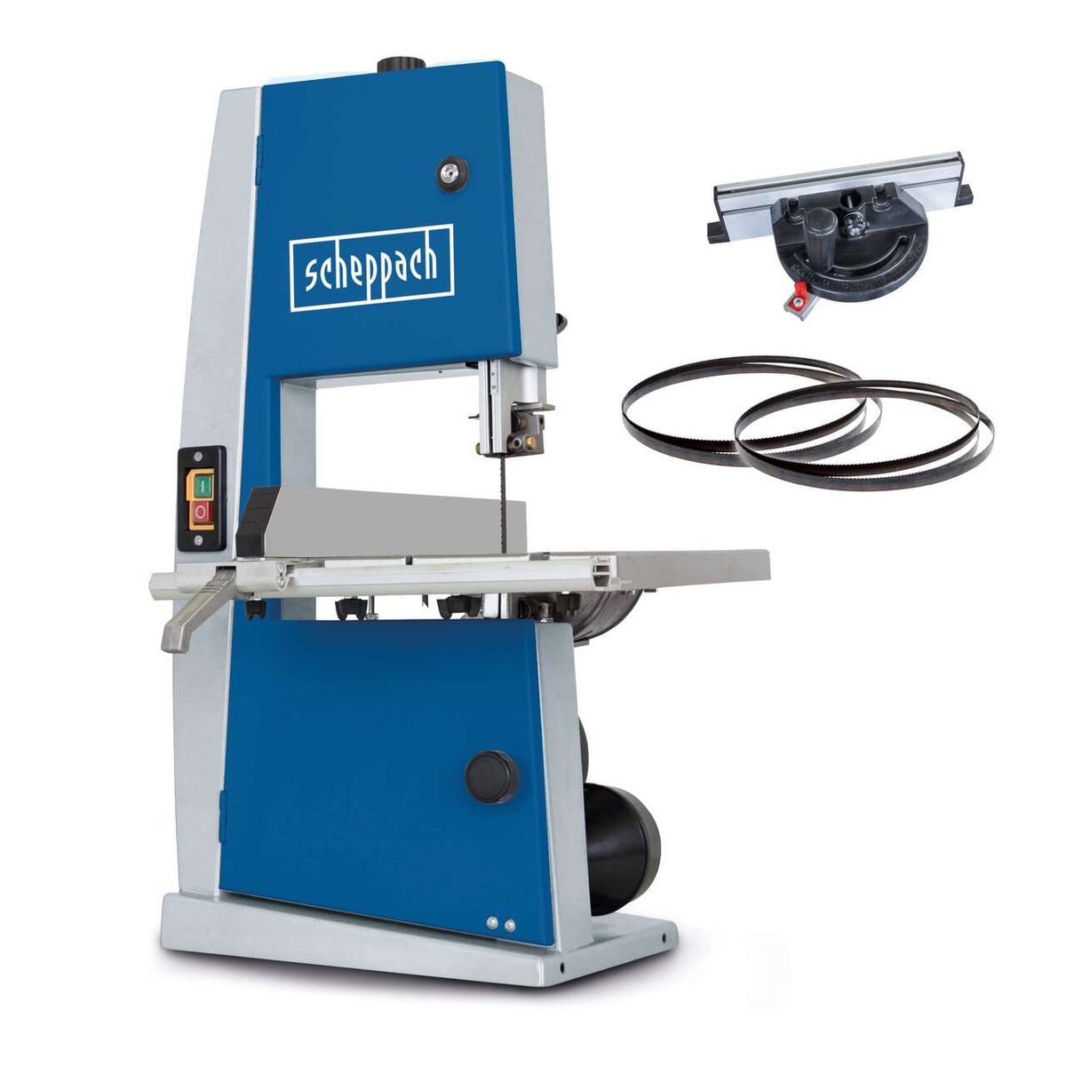 Bandsäge Basa1 von Scheppach mit Querschneidlehre und drei Sägebändern. Die Säge bietet eine Schnitthöhe von 100 mm und eine Schnittbreite von 195 mm.