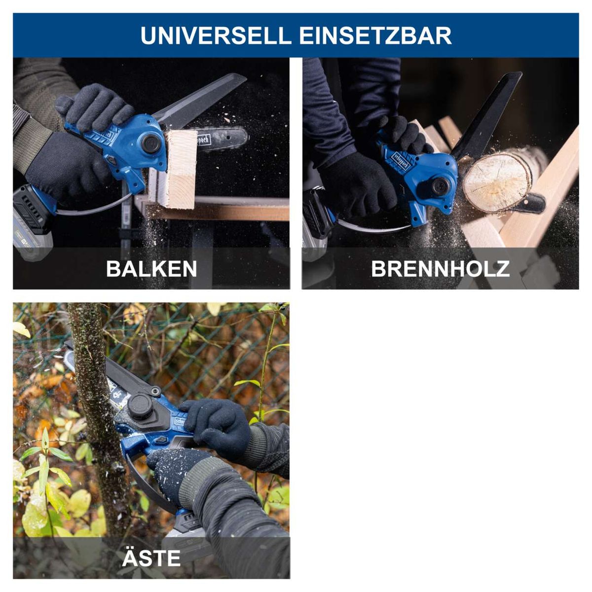 Der Akku-Gehölzschneider BC-PS150-X von Scheppach ist universell einsetzbar. Er kann Balken, Brennholz und Äste schneiden. Die Schnittlänge beträgt 150 mm und die Schwertlänge 6 Zoll.