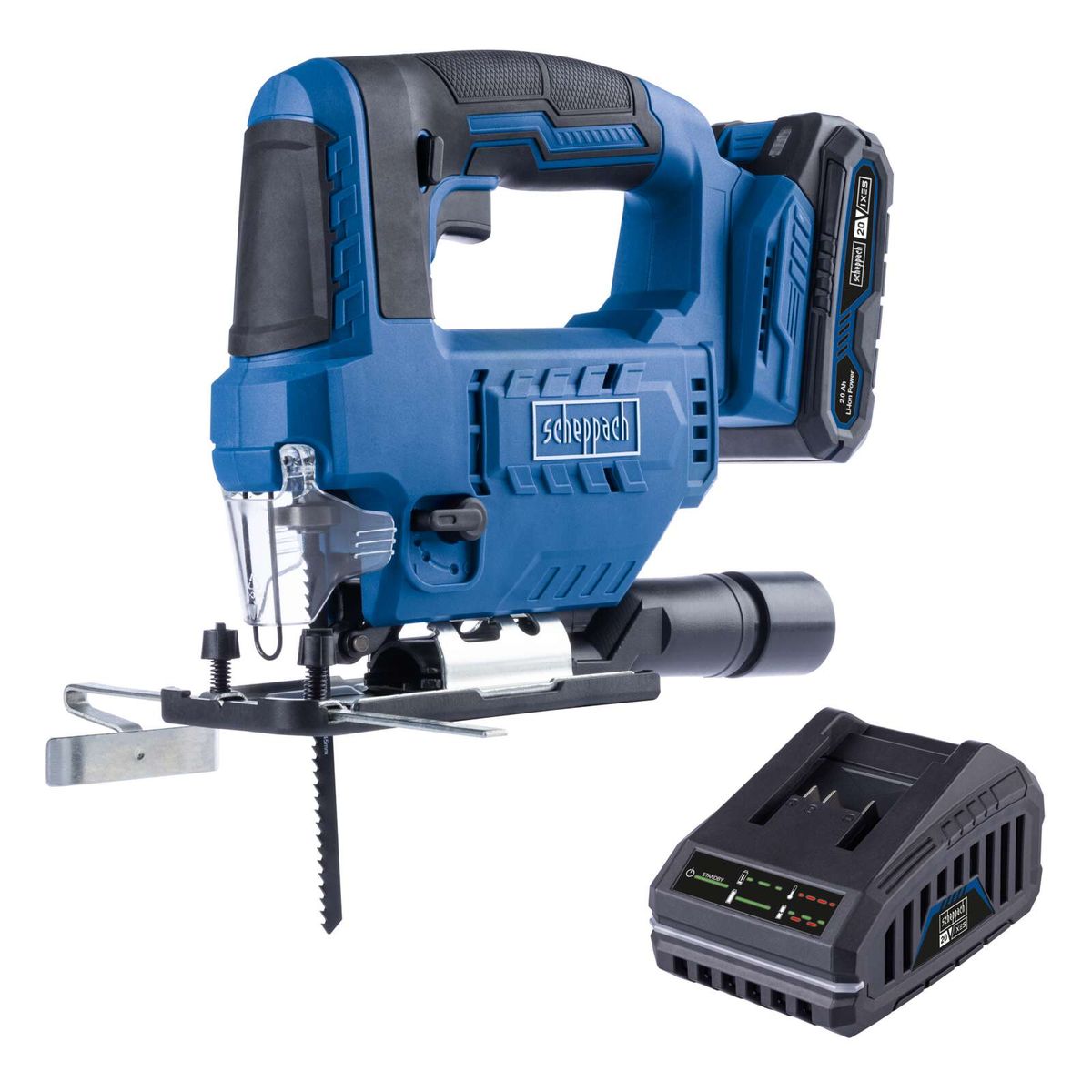 Akku-Stichsäge C-JS220-X mit 7 einstellbaren Schnittwinkeln, inkl. 2Ah Akku und 2,4A Ladegerät. Hublänge 19mm, Hubzahl 0-2400 min-1. Frontansicht des Geräts mit Akku und Ladegerät.