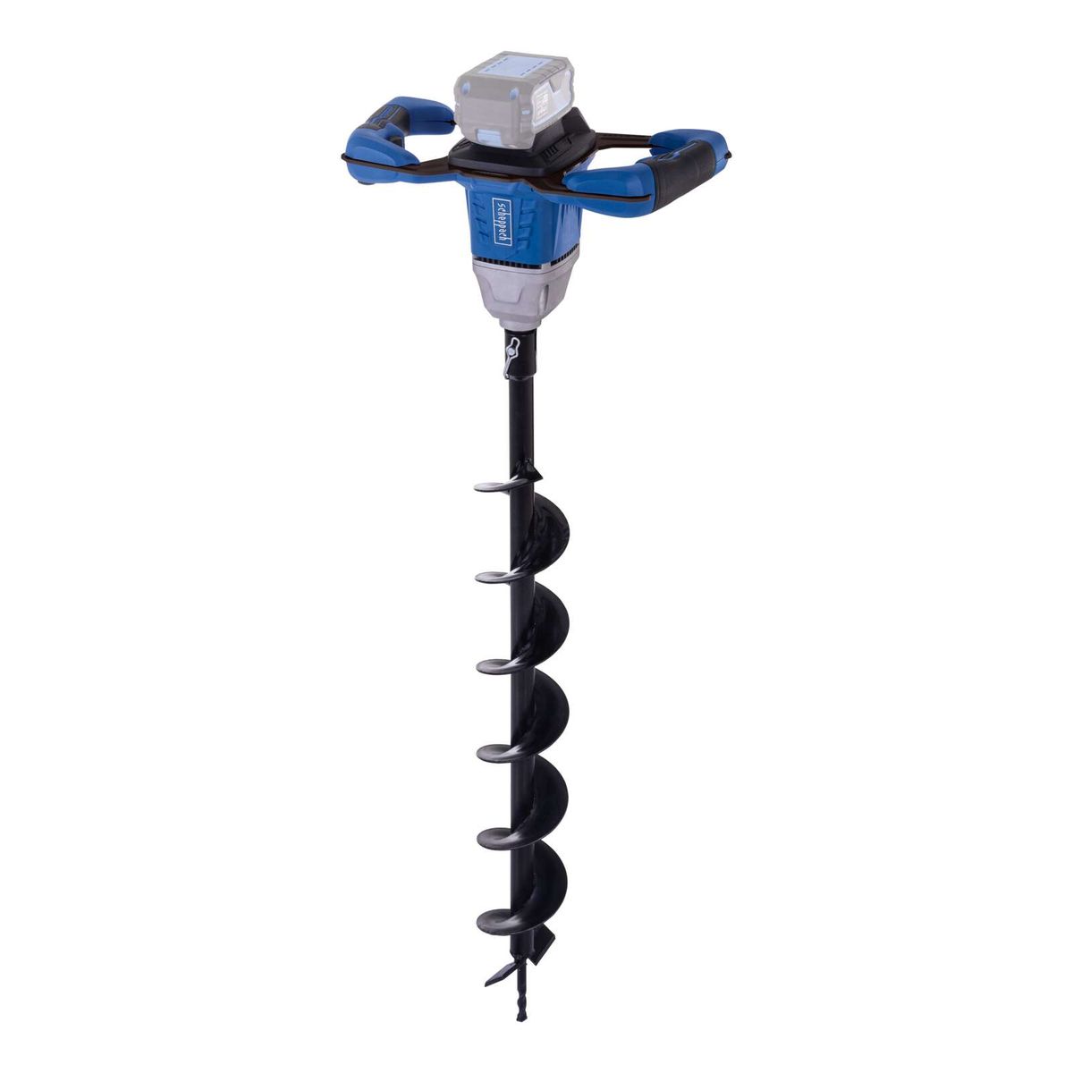 Scheppach-Pfahlrührer mit ergonomischem Griff und spiralförmiger Schnecke für Bodenverankerung