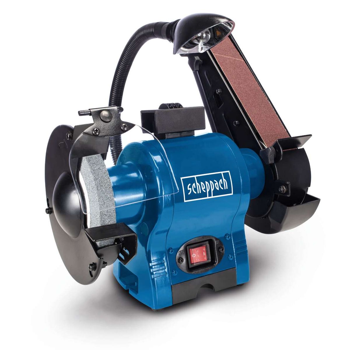 Der Kombinationsschleifer BGS700 von Scheppach mit 370W Leistung, 686mm Bandlänge und 50mm Breite sowie einem 150mm Schleifstein. Ausgestattet mit einer Bandschleif- und einer Teller-Schleifstation.