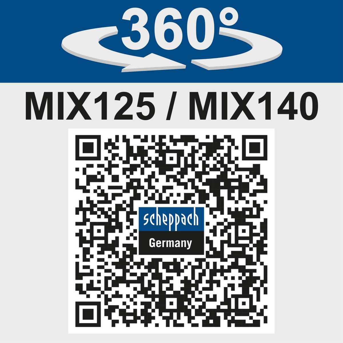 Der Betonmischer MIX125 von Scheppach bietet eine 360-Grad-Drehbarkeit für flexible Nutzung. Mit 230V, 550W und 125L Fassungsvermögen sowie Gusszahnrädern für robuste Leistung. QR-Code für weitere Informationen.