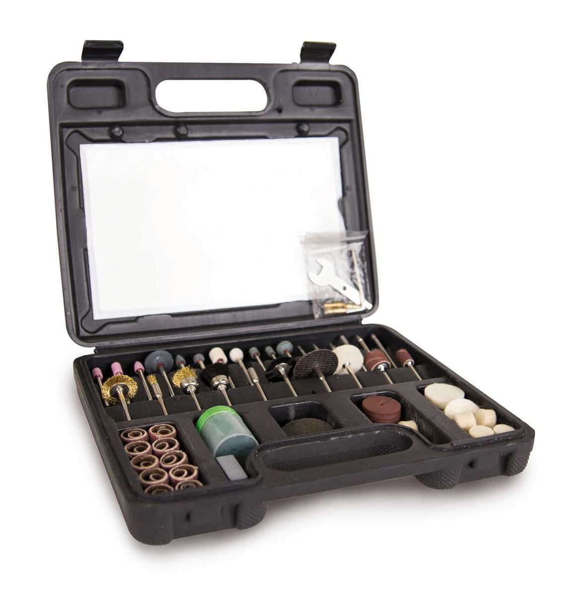 Zubehörkoffer 100tlg. HG34 mit verschiedenen Schleif- und Polierwerkzeugen, geordnet in Fächern. Der Koffer ist offen und zeigt die Werkzeuge von oben.