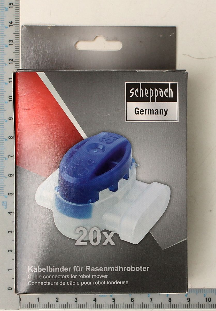 Ein Kabelverbinder für Rasenmähroboter von Scheppach, gezeigt von der Seite.