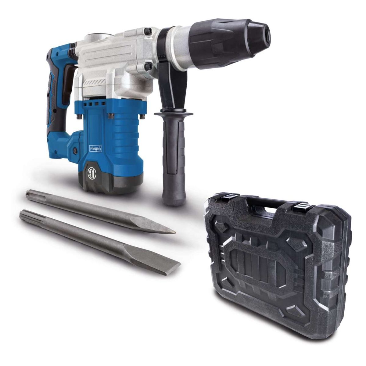 Bohrhammer DH1600Max Scheppach - 1600W, 10Joule, SDS-Max, inkl. Koffer, Spitz- und Flachmeißel. Gezeigt von der Seite.