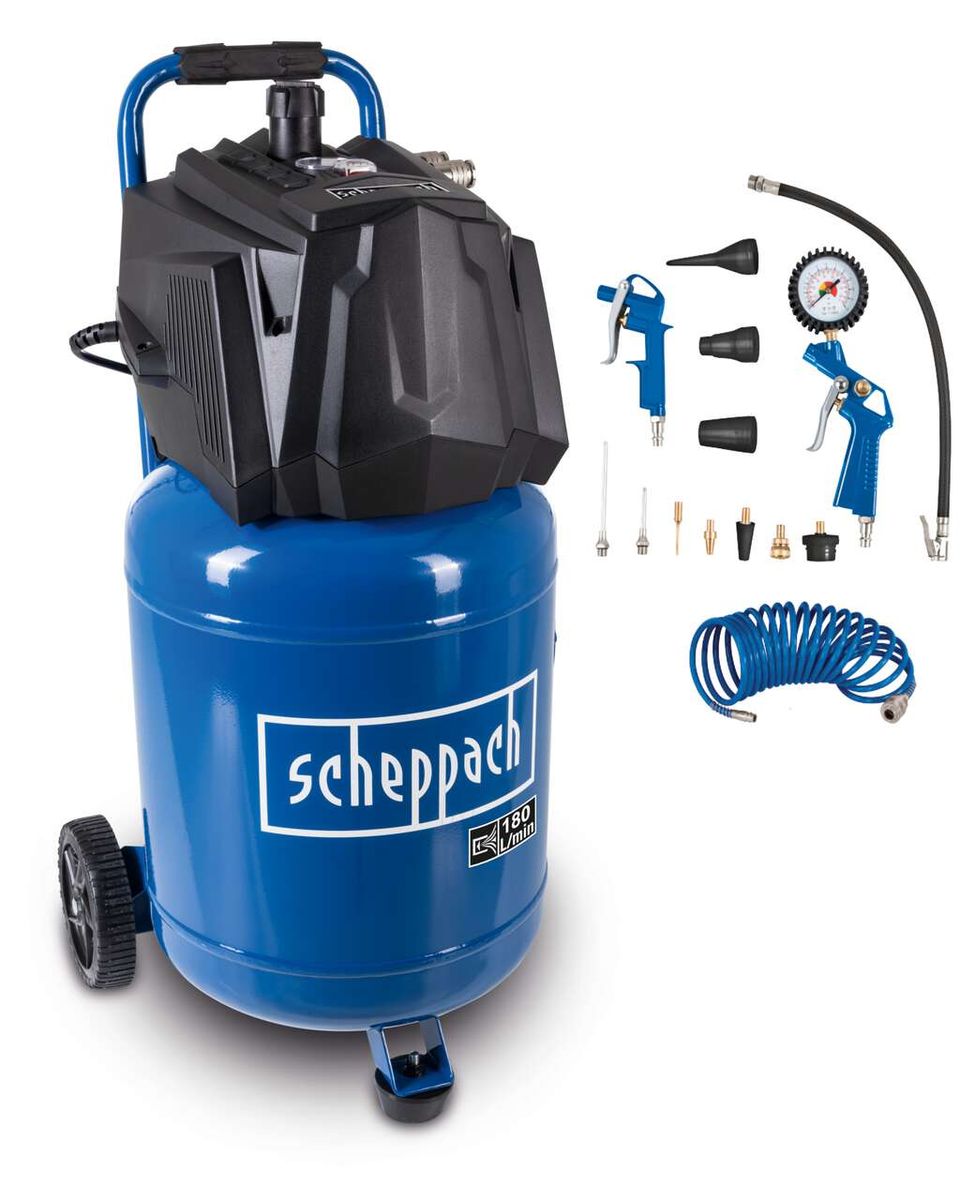 Scheppach Kompressor HC35V mit Zubehör. Gezeigt von der Seite.