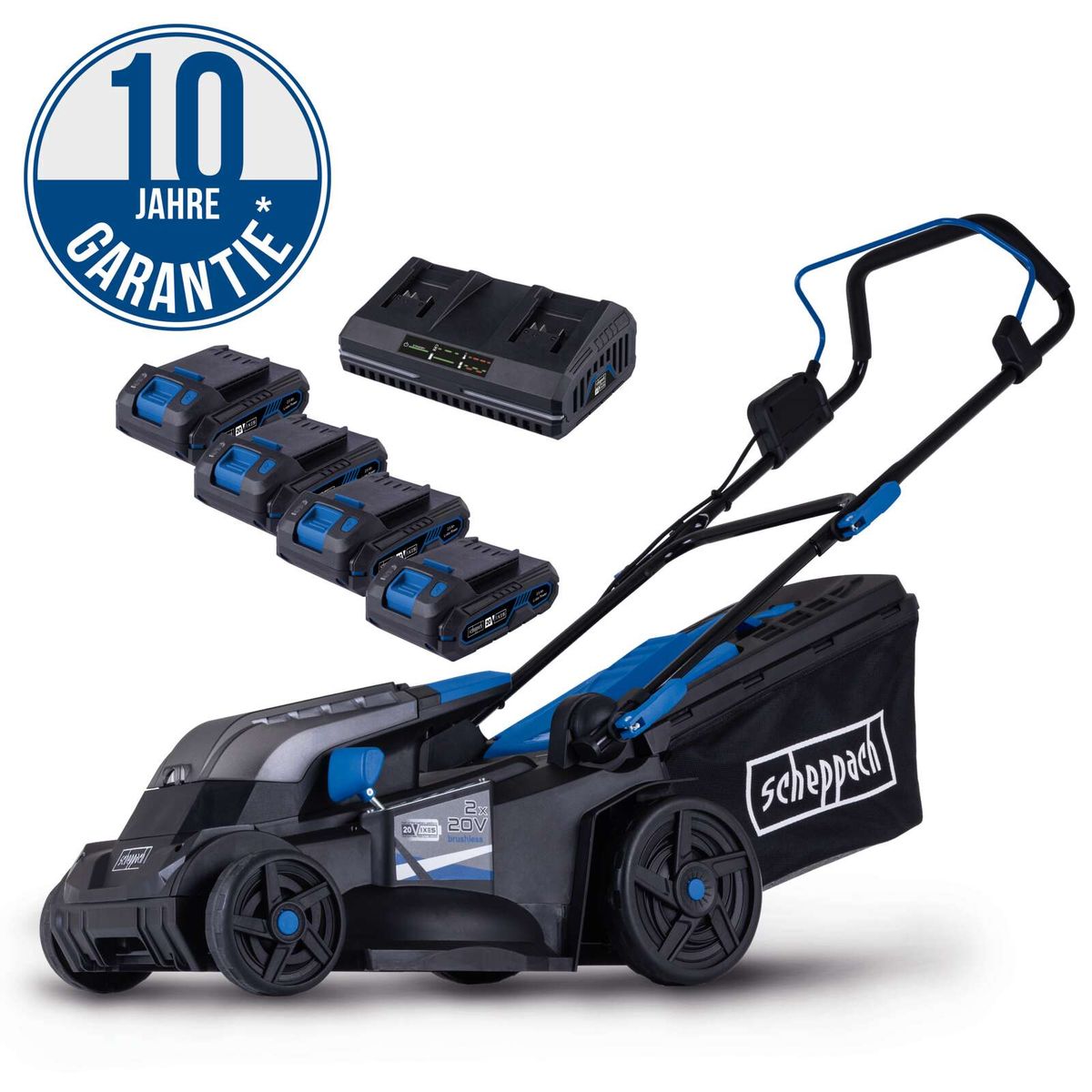 Scheppach Akku-Rasenmäher BC-MP380-X mit 10-Jahre-Garantie, inkl. Akkus und Ladegerät, Set S4