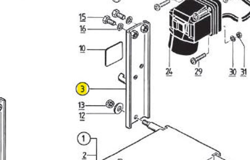 Befestigungsplatte mit verschiedenen Bauteilen und Schrauben. Die Platte ist mit der Nummer 3 markiert.