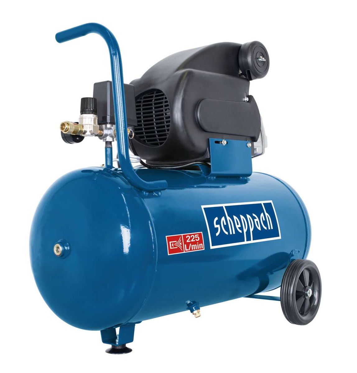 Scheppach Kompressor HC60 mit separater Ölflasche, 230V, 50Hz, 1500W, 50L, Ansicht von der Seite.