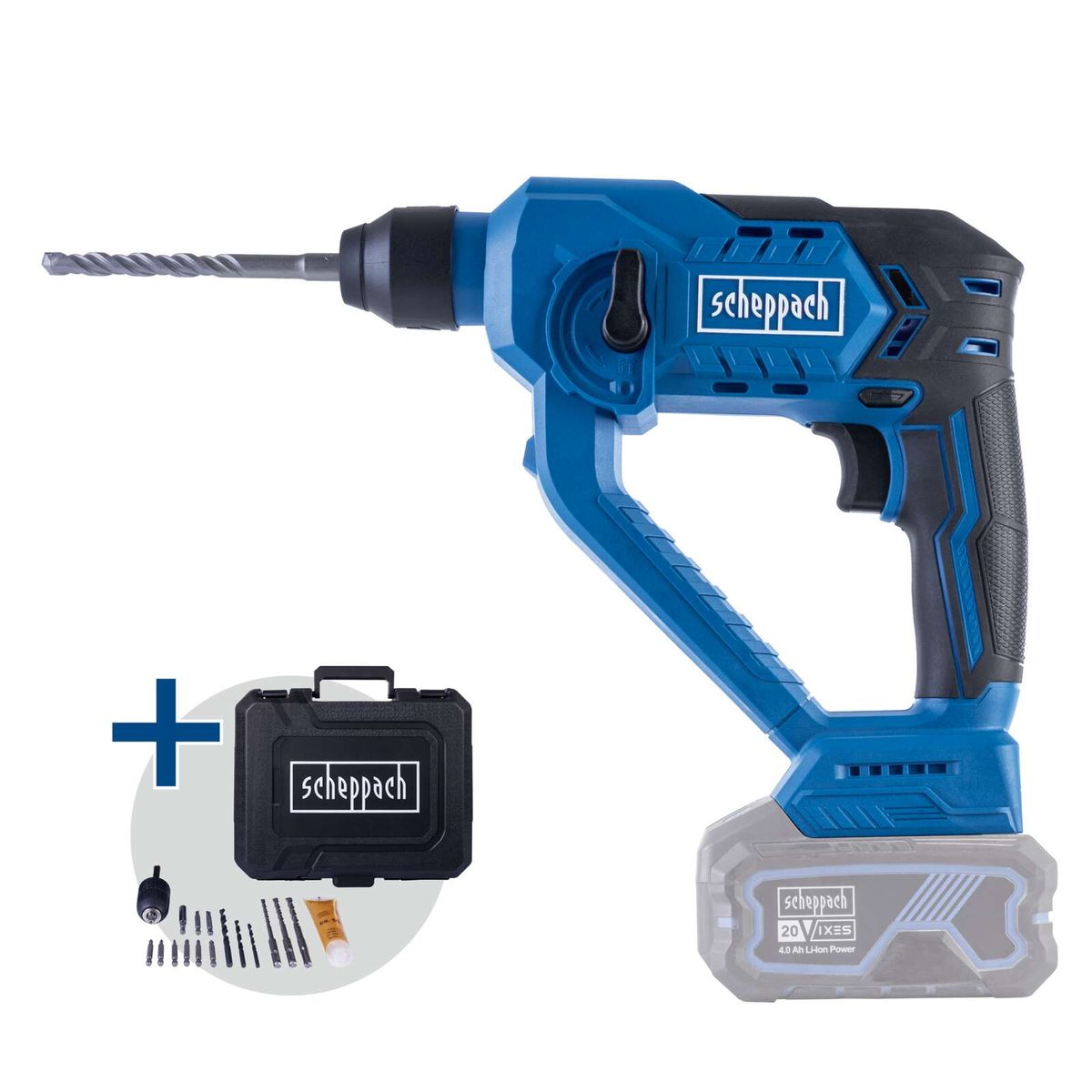 Scheppach Akku-Bohrhammer mit integriertem Akku- und Werkzeugset für präzise Bohrungen und Schlagarbeiten