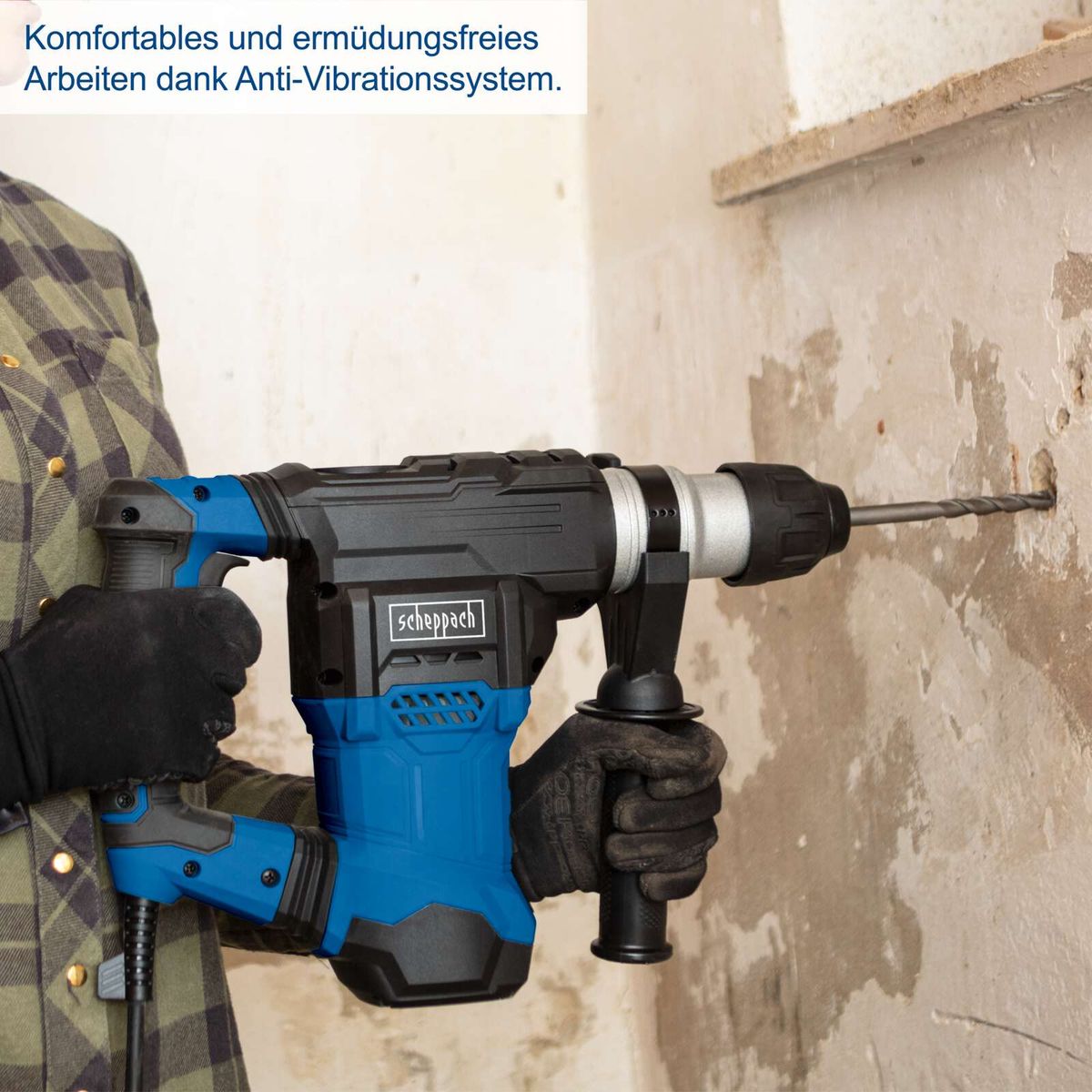 Der Scheppach Bohrhammer DH1500 Plus bietet komfortables und ermüdungsfreies Arbeiten dank Anti-Vibrationssystem.