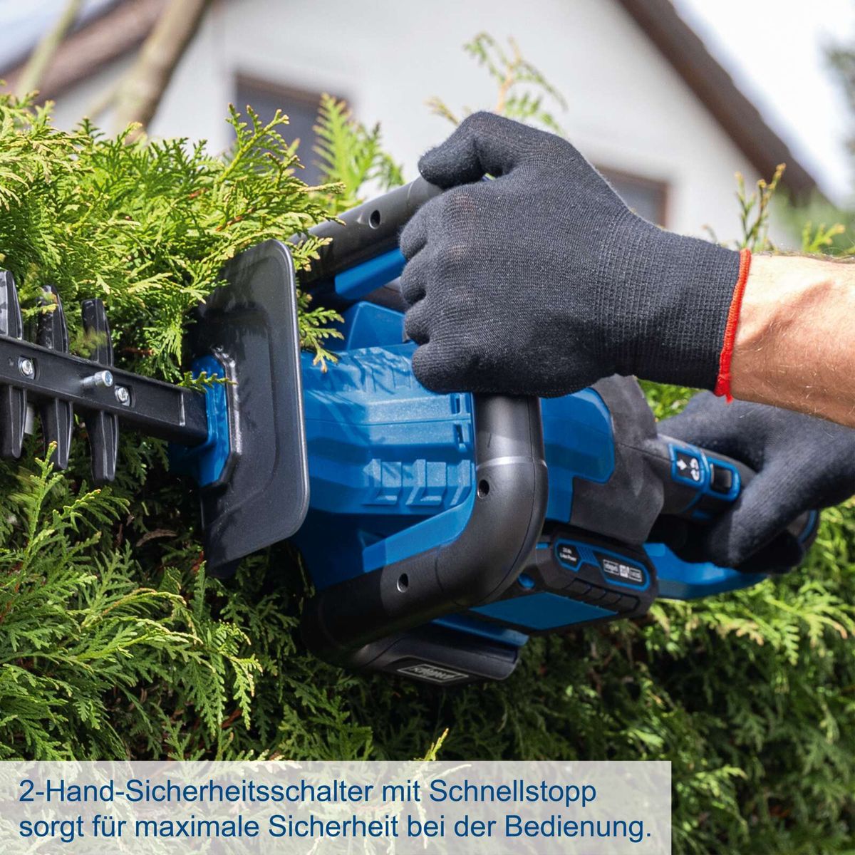 2-Hand-Sicherheitsschalter mit Schnellstopp für maximale Sicherheit beim Bedienen der Akku-Heckenschere