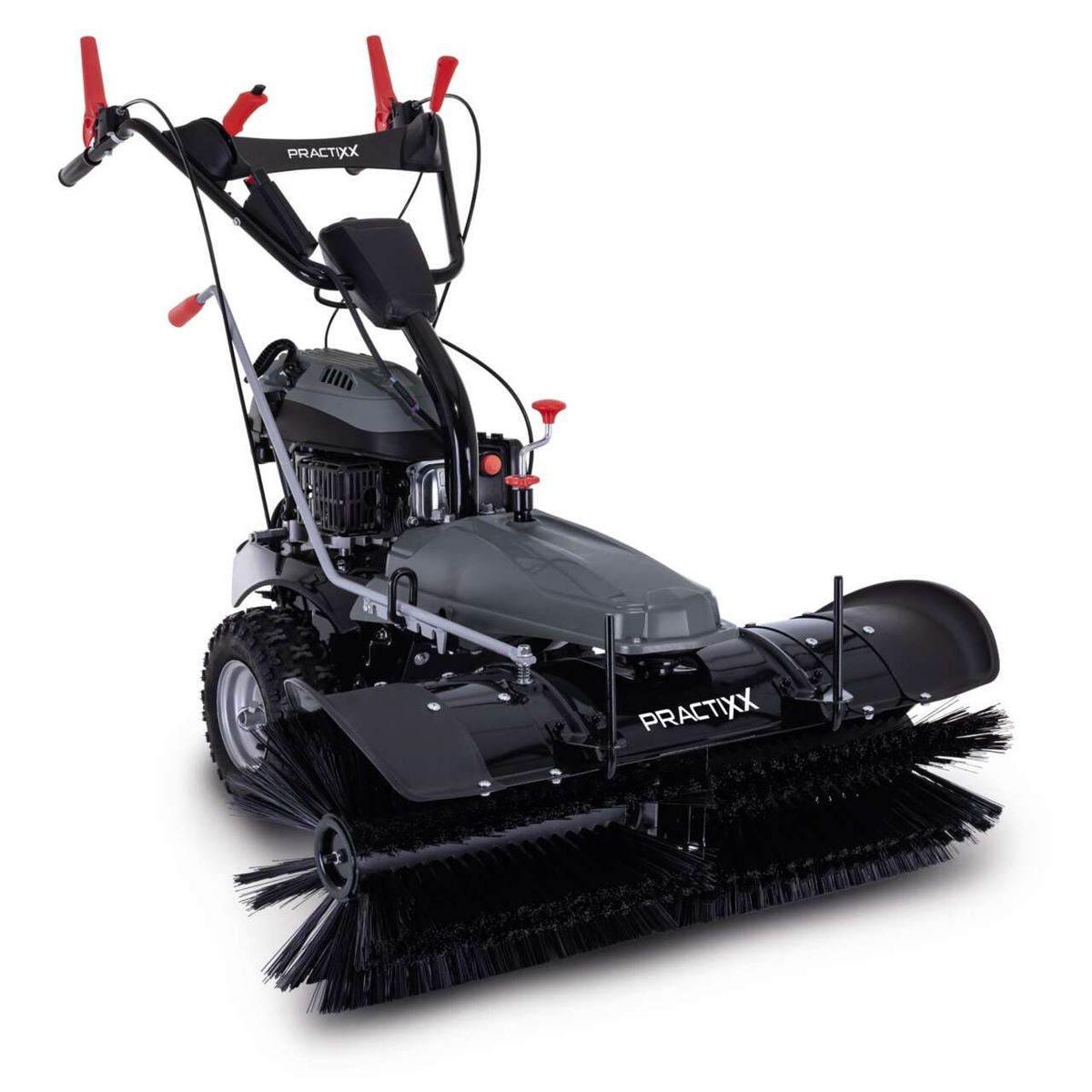 Scheppach Kehrmaschine mit Auffangbehälter und Schneeschild, ergonomisches Lenkrad und Sitz