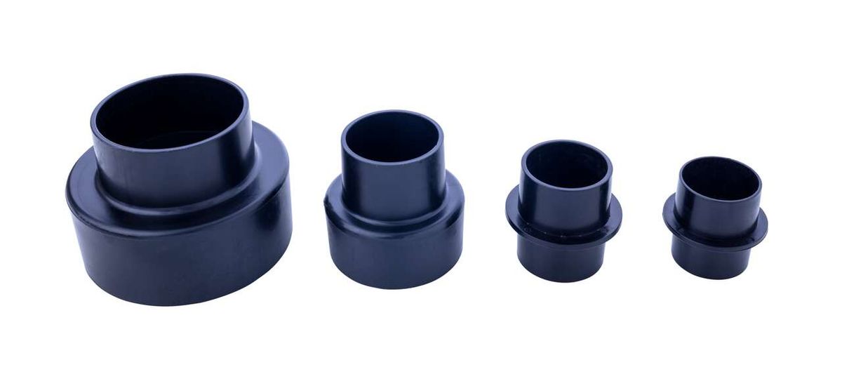 Absaugstutzen-Set, 4-teilig Scheppach. Gezeigt von vorne. Vier verschiedene Größen von Absaugstutzen.