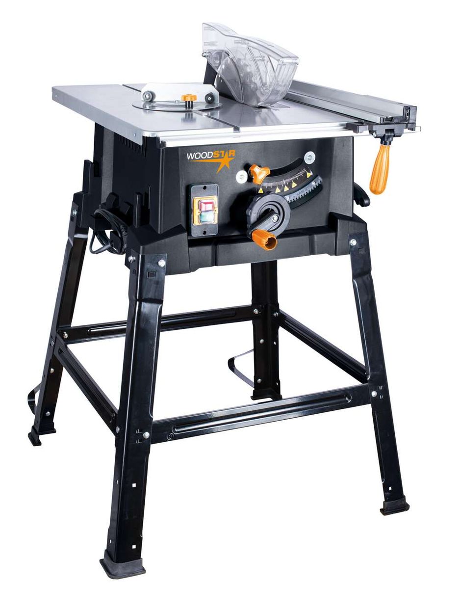 Tischkreissäge ST110 Woodster von Scheppach, seitliche Ansicht mit Standfuß und Bedienelementen.