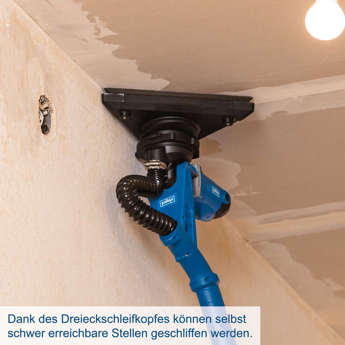 Triangular grinding head enables grinding of hard-to-reach areas on walls and ceilings