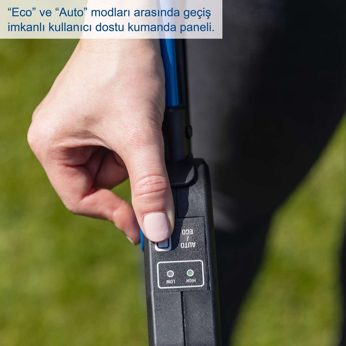 Der Scheppach TR5 bietet eine benutzerfreundliche Steuerung mit der Möglichkeit, zwischen den Modi 'Eco' und 'Auto' zu wechseln. Die Steuerkonsole verfügt über eine klare Anzeige mit LOW- und HIGH-LEDs für einfache Bedienung.