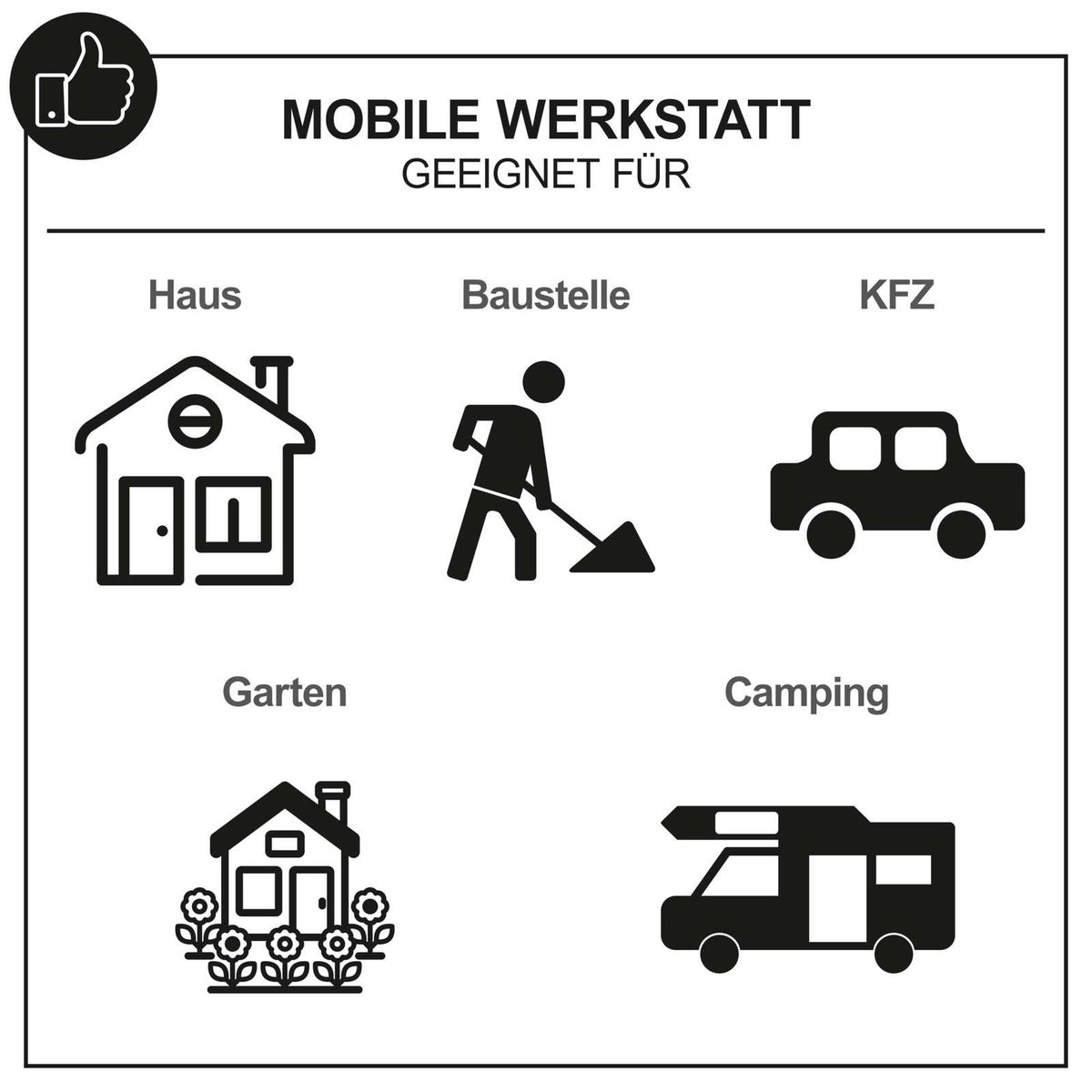 Mobile Werkstatt geeignet für Haus, Baustelle, KFZ, Garten und Camping. Enthält Werkzeuge wie Schraubenschlüssel, Hammer, Zange und Schraubenzieher.