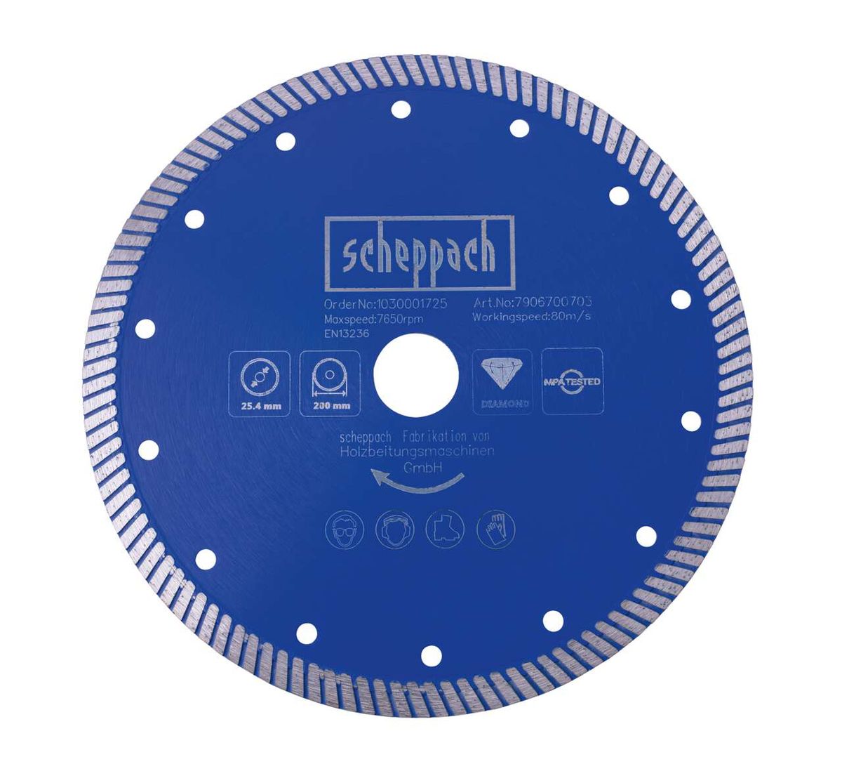 Diamant-Trennscheibe Ø 200 x 25,4 mm von Scheppach. Vorderansicht. Artikelnummer: 7906700703.