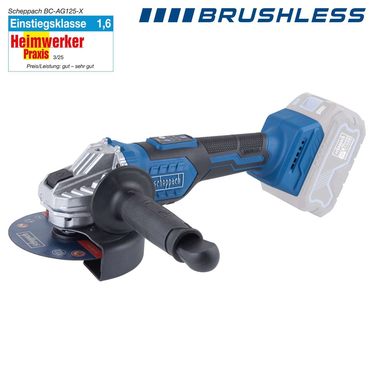 Brushless-Akku-Winkelschleifer Scheppach mit digitaler Anzeige und ergonomischem Griff
