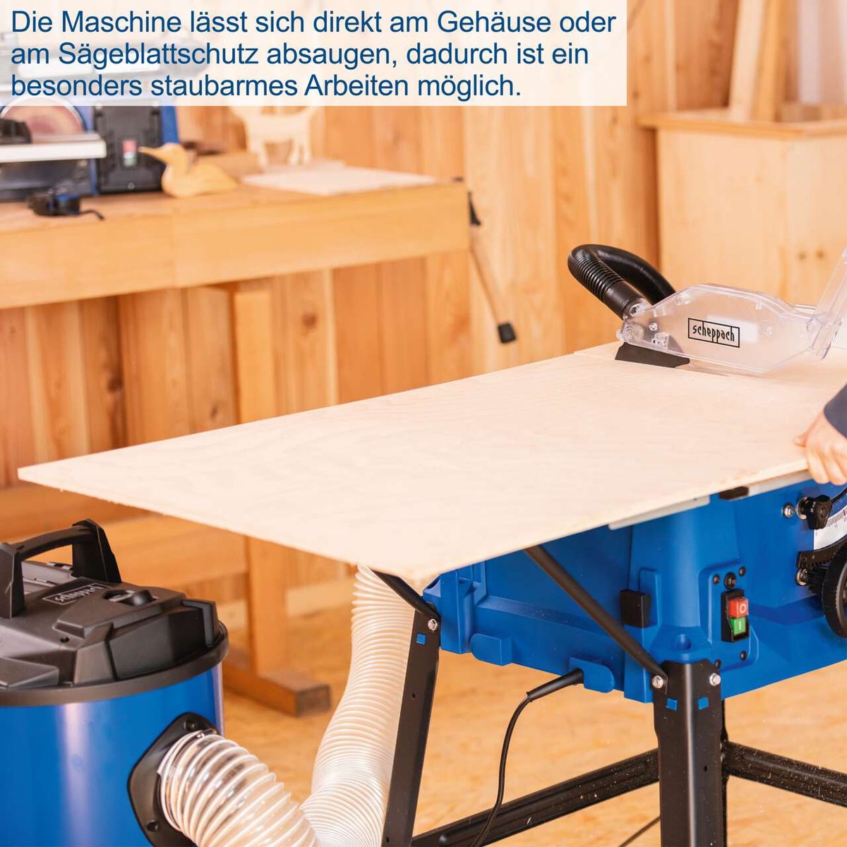 Tischkreissäge mit direktem Staubsauganschluss am Gehäuse für staubarmes Arbeiten, inkl. Untergestell und Verbreiterungen