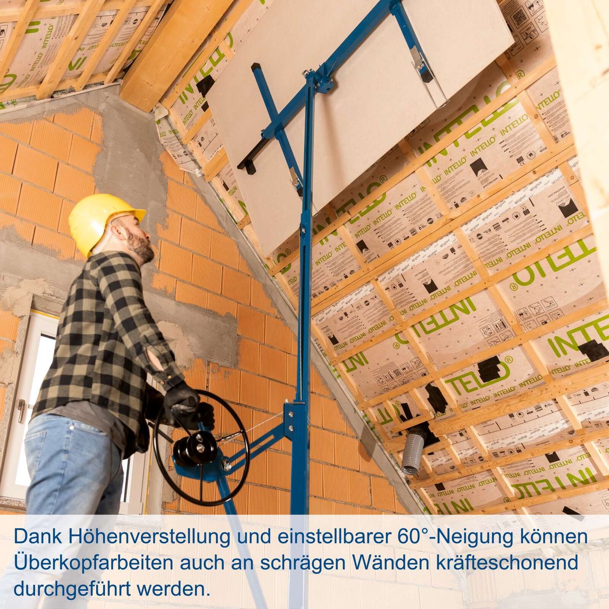 Trockenbaulift mit höhenverstellbarer und 60° einstellbarer Neigung für schräge Arbeiten kraftschonend