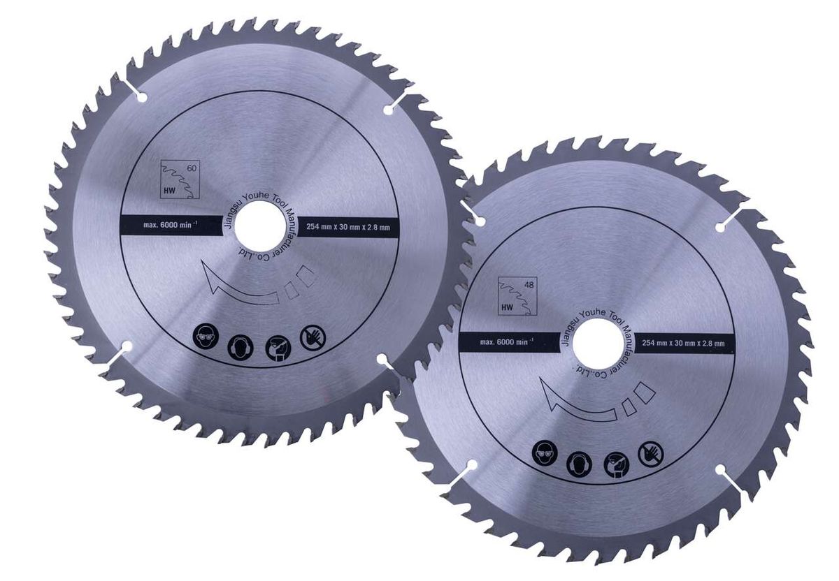 HW Kreissägeblatt-Set (2-teilig) Ø 254 x 30 x 2,8 x 1,6 / 48 / 60 Z. Scheppach. Vorderansicht der beiden Kreissägeblätter auf weißem Hintergrund.