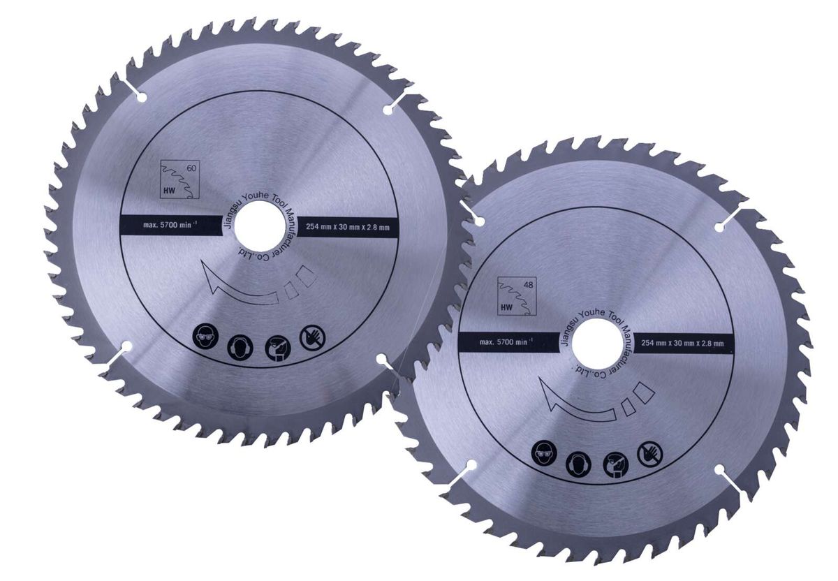 Zwei Scheppach-Kreissägeblätter mit 254 mm Durchmesser, Markierungen 48 und 60, Teil eines Sets