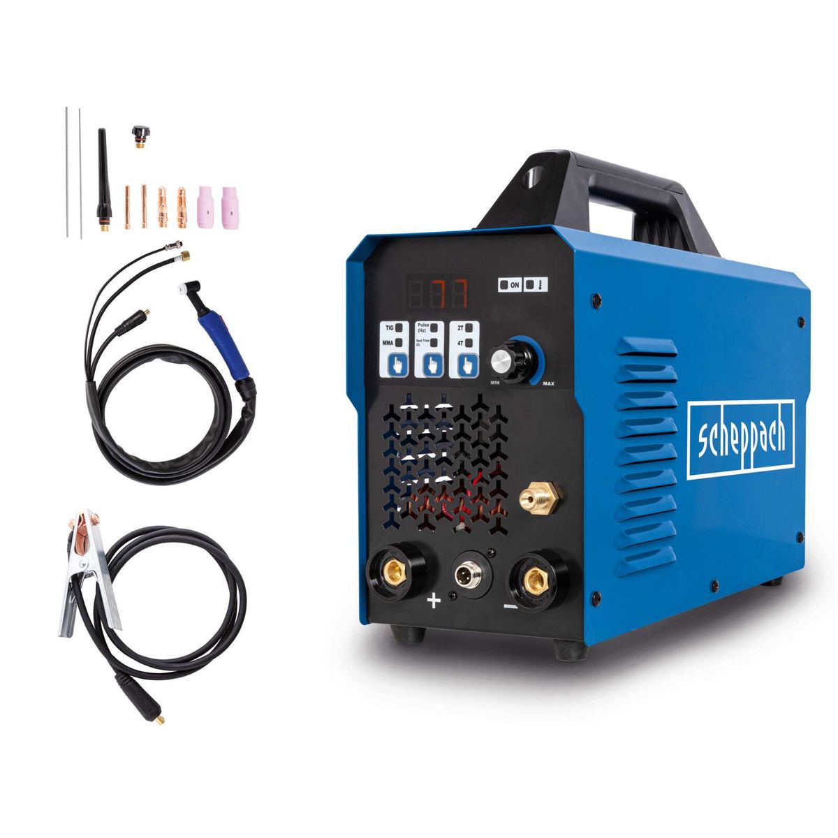 Das Schweißgerät WIG2000-Multi von Scheppach bietet Pulsfunktion und unterstützt 2- und 4-Takt Schweißen mit bis zu 200A.