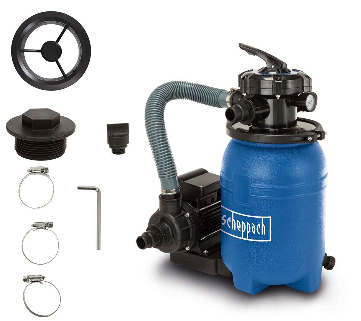 Poolfilteranlage von Scheppach mit Zubehörteilen. Gezeigt von der Seite.