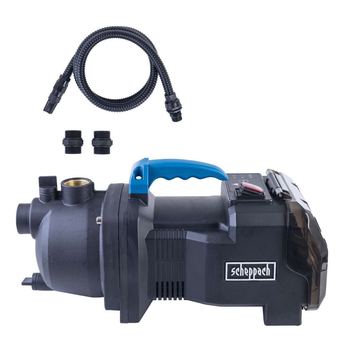 Scheppach-Wasserspülpumpe mit Anschluss für flexible Schläuche und Adapter