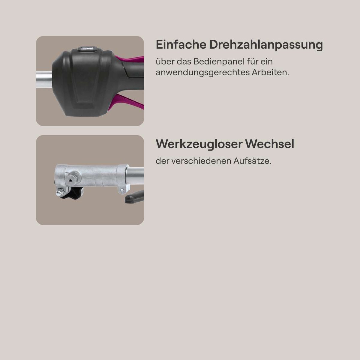 Das Akku-Multifunktionsgerät GO-GMG400BL gomag bietet einfache Drehzahlanpassung über das Bedienpanel für anwendungsgerechtes Arbeiten und werkzeuglosen Wechsel der verschiedenen Aufsätze.