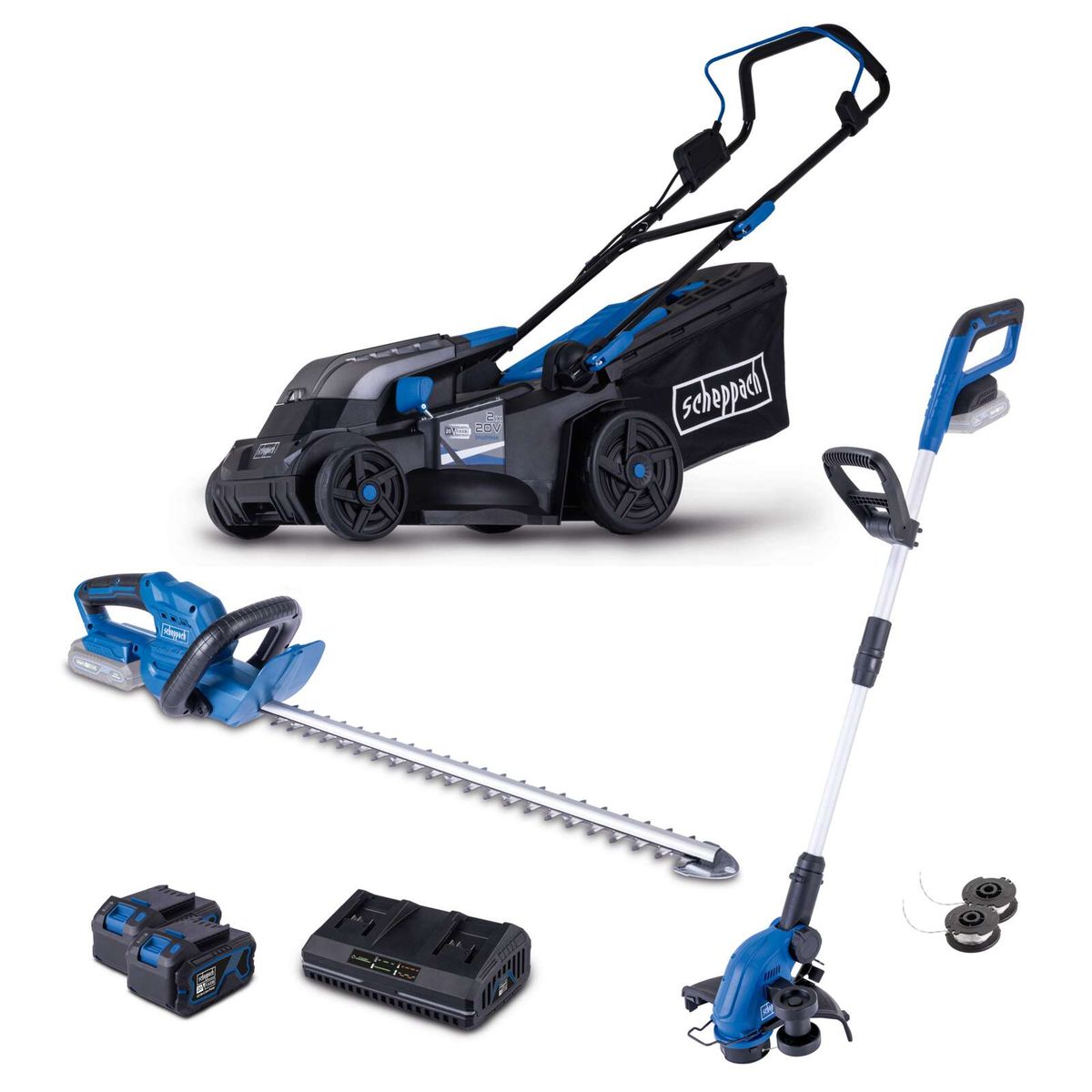Das Akku-Garten-Set AGS300 von Scheppach umfasst einen Rasenmäher, einen Rasentrimmer, eine Heckenschere, zwei 4Ah Akkus und ein 4,5A Doppelladegerät. Alle Geräte sind kabellos und arbeiten mit 20V.