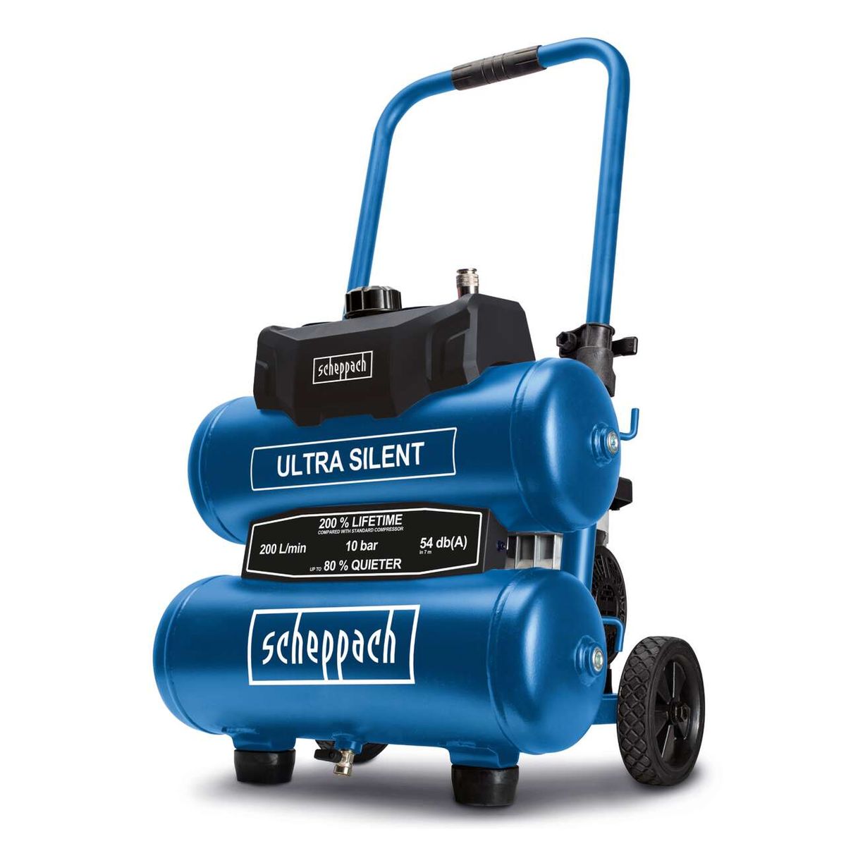 Der Scheppach Ultra-Silent Kompressor bietet 200 % längere Lebensdauer, 10 bar Druck, 200 Liter/Minute Luftstrom und ist bis zu 80 % leiser mit 54 dB(A).