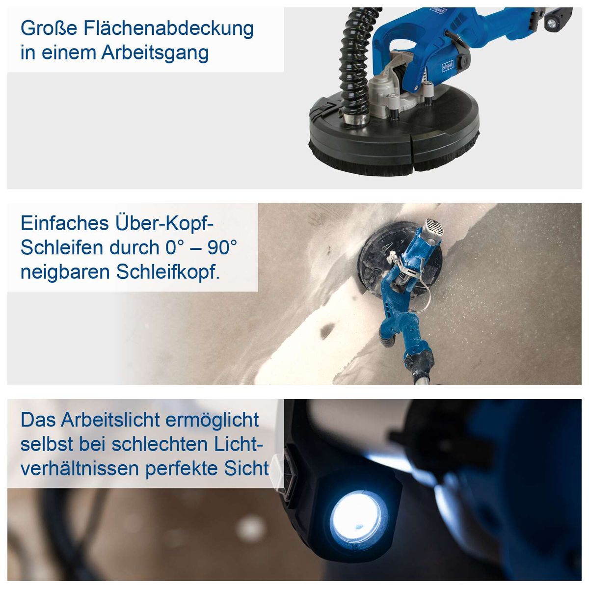 Wand- und Deckenschleifer mit großflächiger Arbeitsleistung, neigbarem Schleifkopf (0°–90°), integriertem Arbeitslicht für bessere Sicht bei schlechten Lichtverhältnissen