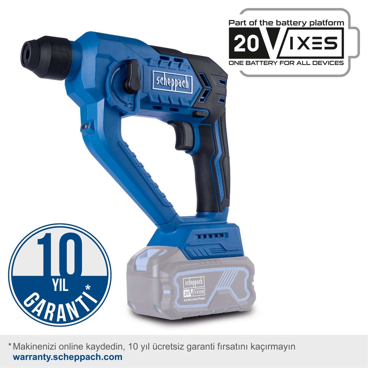 Der Akku-Bohrhammer C-RHD130-X von Scheppach bietet eine Schlagkraft von 1,3J und eine Schlagzahl bis 6000bpm. Er verfügt über eine LED-Leuchte. Mit 10 Jahren Garantie. Online registrieren unter warranty.scheppach.com.