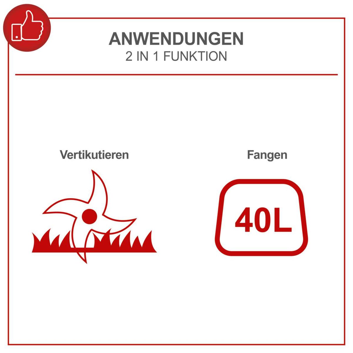 Werkzeug-Infoblatt mit Funktionen 'Vertikutieren' und 'Fangen' mit 40-Liter-Korb