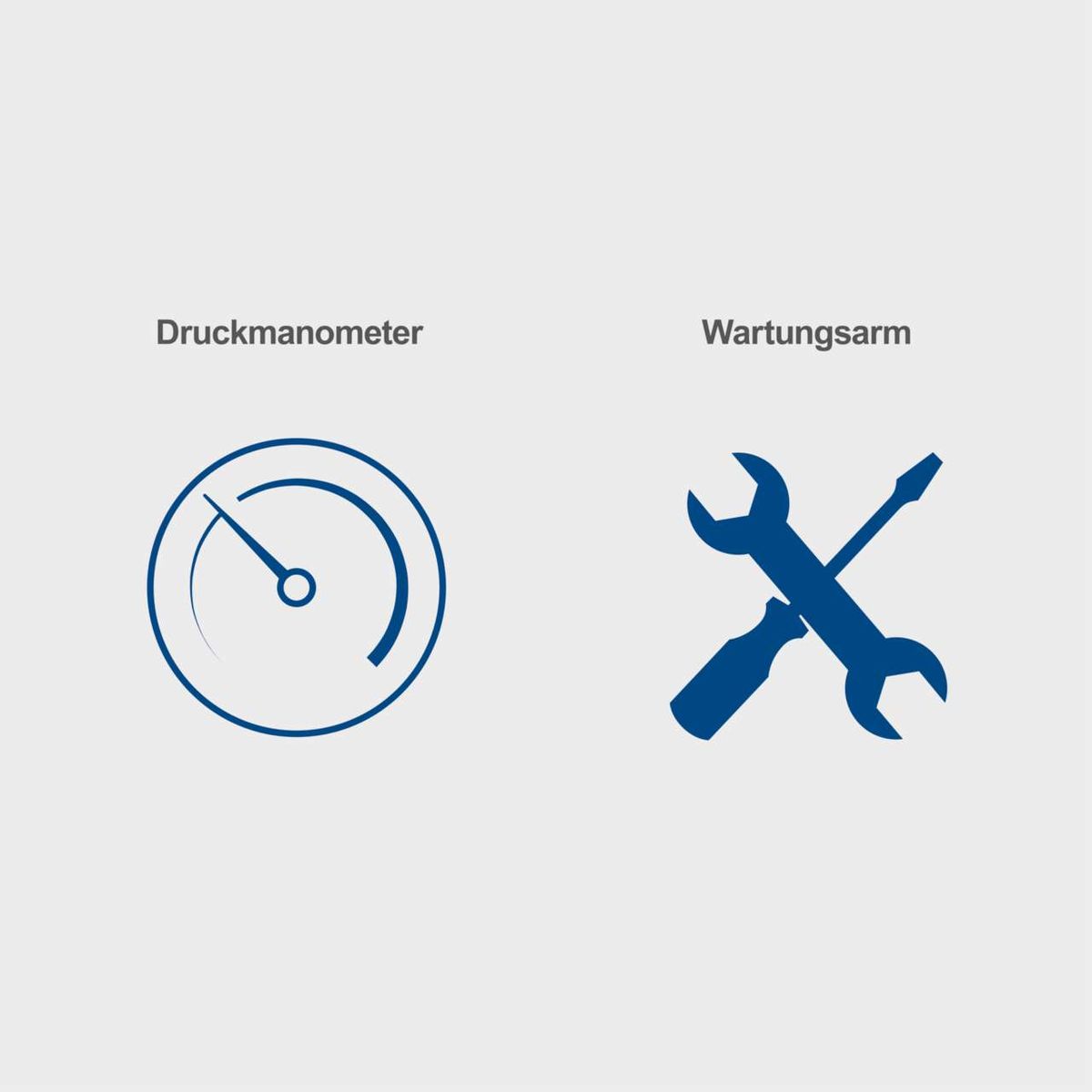 Das Bild zeigt wichtige Merkmale des Kompressors HC25V von Scheppach. Es enthält ein Druckmanometer zur Überwachung des Drucks und einen Wartungsarm für einfache Wartungsarbeiten.