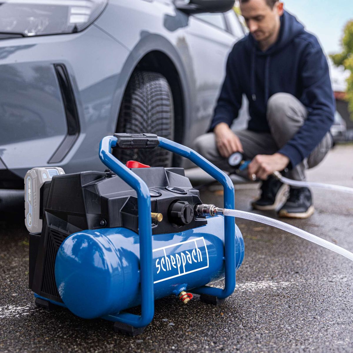 Scheppach air compressor with integrated LED light for better visibility in dark areas. Robust design for reliable performance.