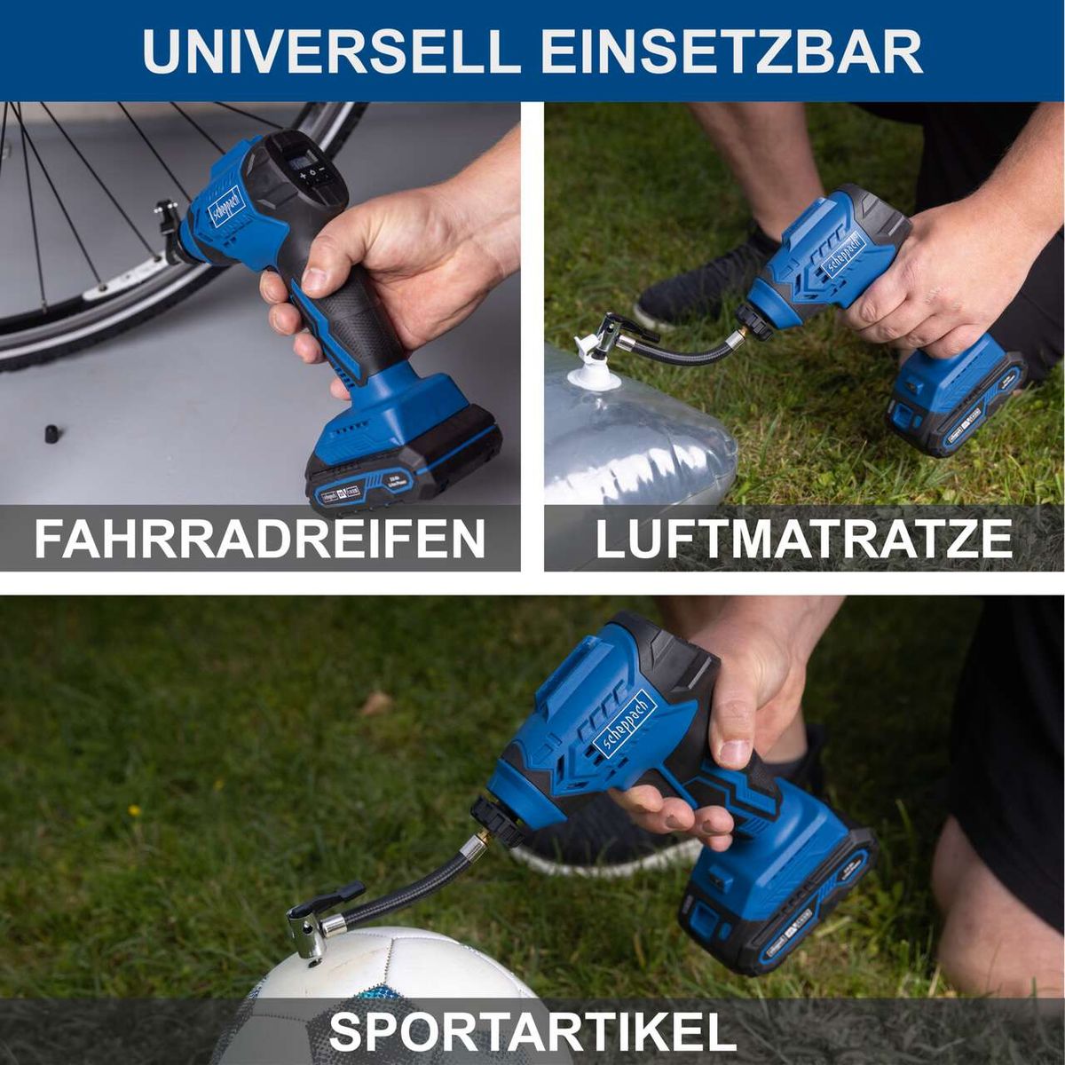 Der Akku-Handkompressor C-AC20-X-Set-S von Scheppach ist universell einsetzbar. Er eignet sich zum Aufpumpen von Fahrradreifen, Luftmatratzen und Sportartikeln wie Bällen.
