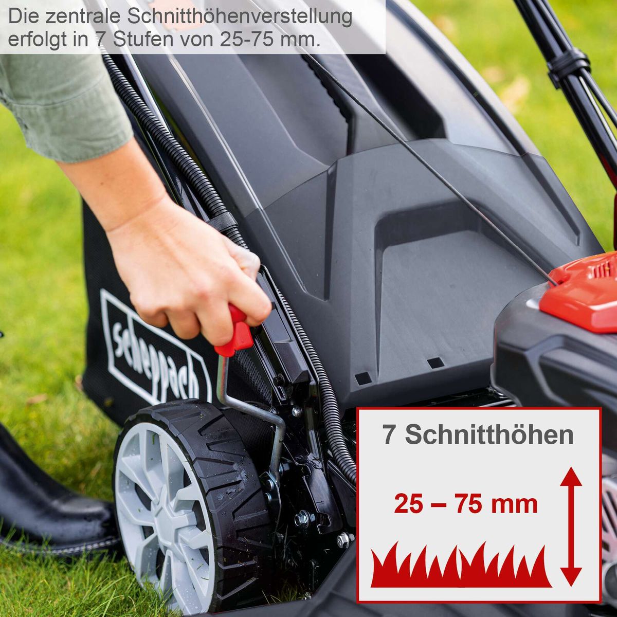 Der Scheppach Hybrid-Start-Benzin-Rasenmäher PML56-225ES bietet eine zentrale Schnitthöhenverstellung mit 7 Stufen von 25 bis 75 mm.