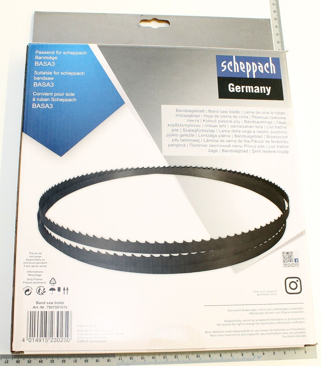 Sägeband von Scheppach mit Beschriftung und Produktinformationen auf dem Packmaterial