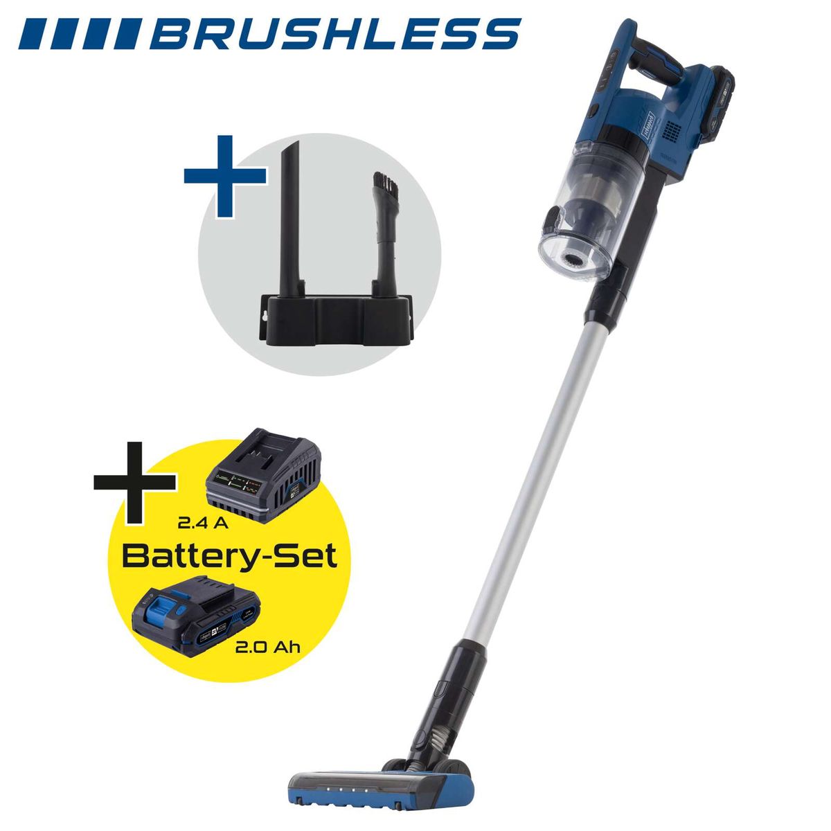 Scheppach Akku-Handstaubsauger mit LED-Beleuchtung und Staubbeutelaufsatz, inkl. Batterie-Set mit zwei Akkus
