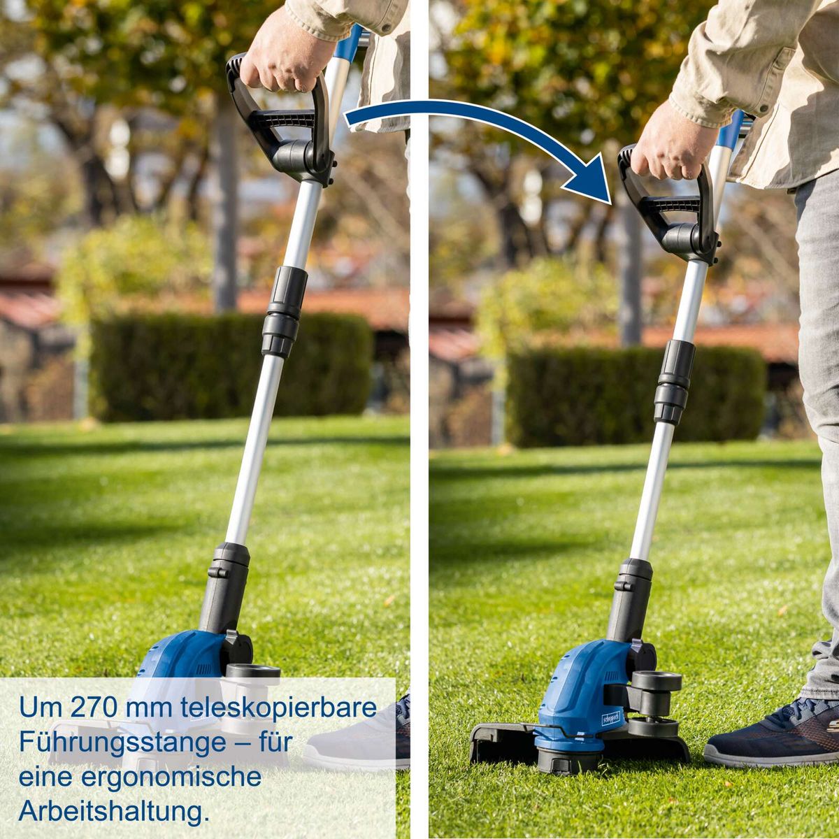 Ergonomische Arbeitshaltung durch teleskopierbaren Führungsstange (270 mm) für Scheppach Akku-Rasentrimmer