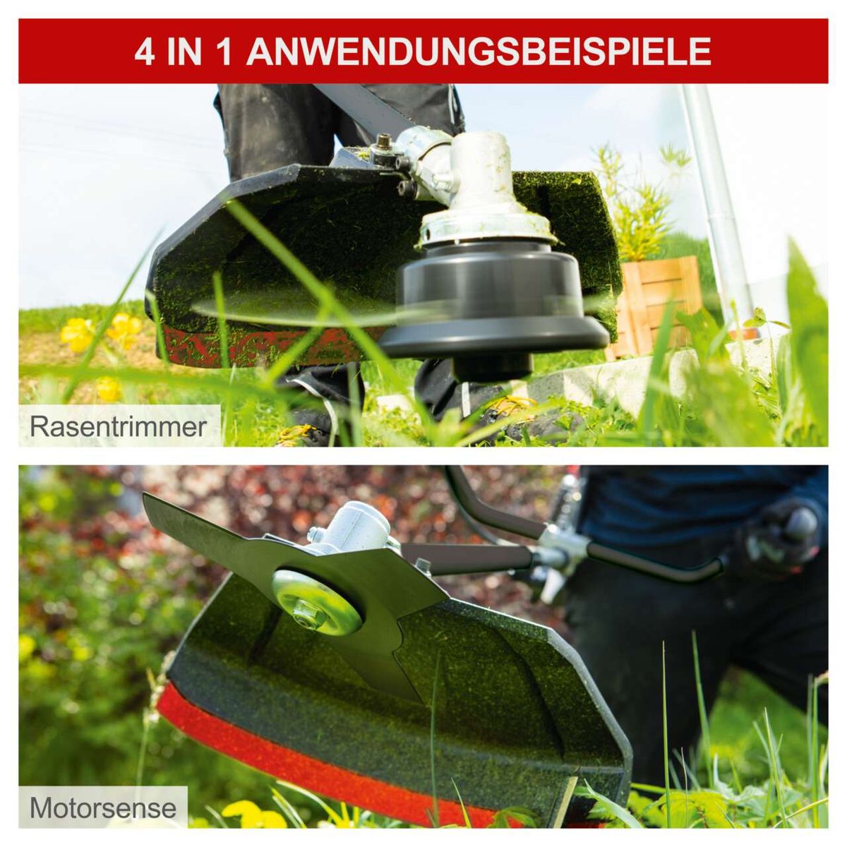 Das 4-in-1-Multigartengerät MFH3300-4BP von Scheppach bietet Rasentrimmer und Motorsense als Anwendungsbeispiele. Ideal für vielfältige Garteneinsätze.