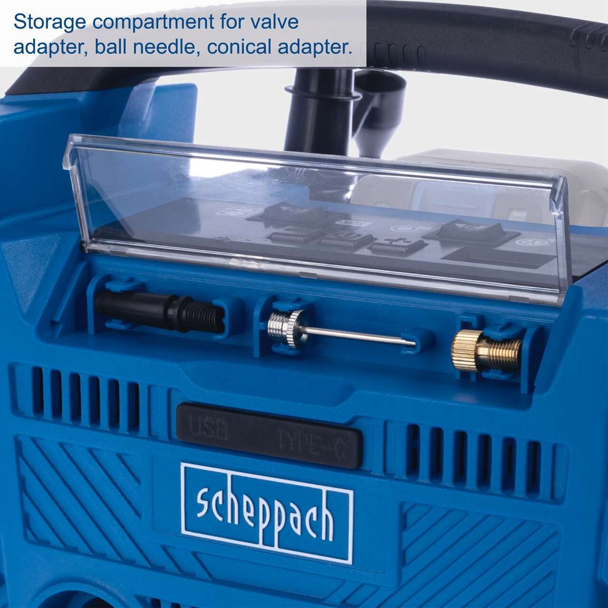The Scheppach Airforce 6 hybrid compressor features a storage compartment for valve adapter, ball needle, and conical adapter.