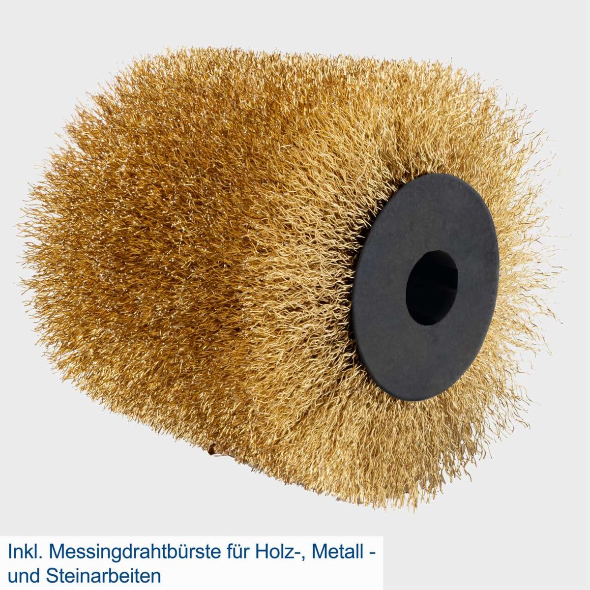 Die Satiniermaschine MRS1300 von Scheppach ist mit einer Messingdrahtbürste für Holz-, Metall- und Steinarbeiten ausgestattet. Die Bürstenbreite beträgt 100 mm und die Drehzahl ist variabel.