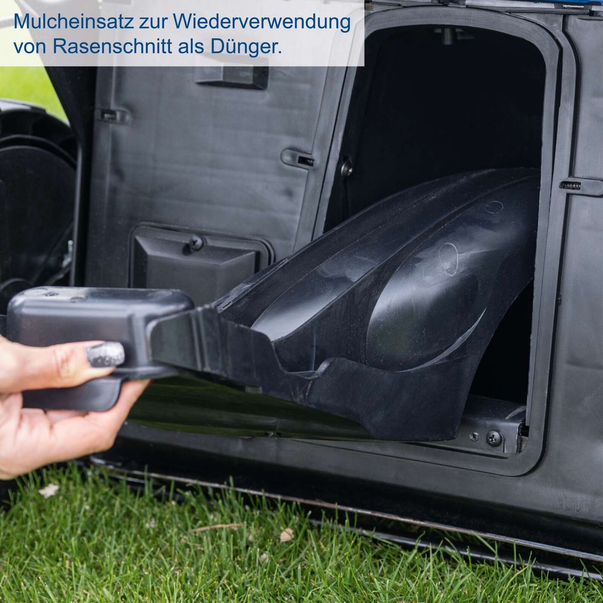 Mulcheinsatz für Scheppach-Rasenmäher, bereitgestellt und eingesetzt in der Fangbox